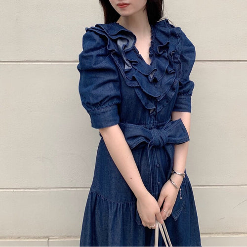 Japan Style Sweet Silm Bandage One Piece Fashion V-neck Vestido Feminino 2022 New Robe Elegant Chic Ruffles Design Dress Women
