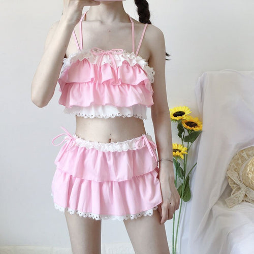 Japanese 2 PCS Cosplay Swimwear Sets Cute Girl Sweet Sexy Was Thin And Conservative Split Skirt Swimsuit Female Kawaii Underwear
