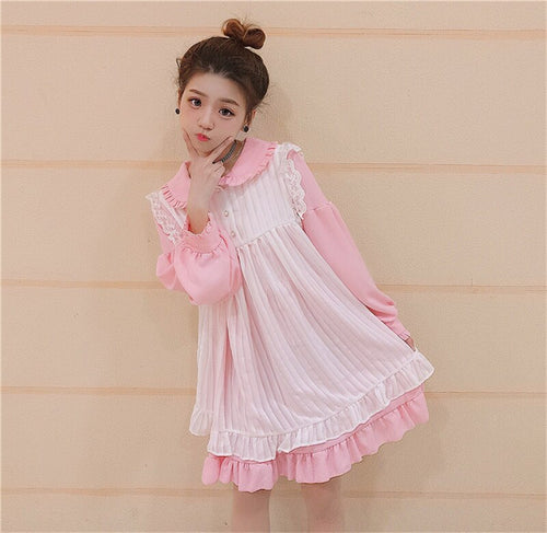 Japanese 2 Piece Lolita Dress Women Kawaii Peter Pan Collar Black Pink Blue Girl Dress sweet Soft Sister Preppy Ruffle mini dres