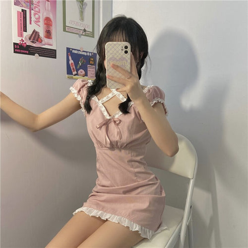 Japanese 2021Kawaii Lace Pink Dress Dress High Street Chic Korean  Sweet Sexy Mini Dress Female Vintage Loose Lolita Dress Girls