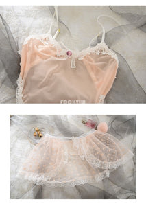 Japanese Anime Sexy Lingerie Cute Women's Pink Bunny Girl Maid Transparent Set Kawaii Cosplay Rabbit Ears Tail Necklace Apron