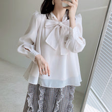 Load image into Gallery viewer, Japanese Autumn Winter New Elegant Blouse Women Stand Collar Puff Sleeve Loose Woman Shirts Office Lady Lace-up Blusas Mujer