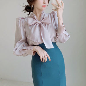 Japanese Autumn Winter New Elegant Blouse Women Stand Collar Puff Sleeve Loose Woman Shirts Office Lady Lace-up Blusas Mujer