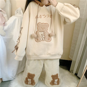 Japanese Cartoon Kawaii Hoodies Women 2022 Bandage Bear Cute Thick Hooded Sweatshirts Fall Simple Autumn Hoodie Coats