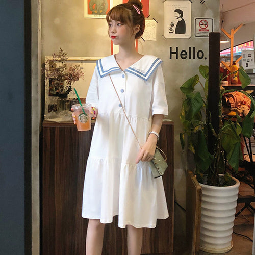 Japanese College Style Summer Dress Sweet Peter Pan Collar Kawaii Lace Ruffles Dress Short Sleeve Mori Girl Woman Dress