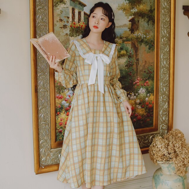 Japanese Doll Collar Plaid Dress Sweet Retro Cute Lolita Dress Autumn Female Bowknot Girl French First Love Vestido Midi Female