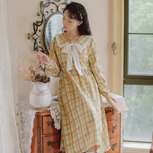 Load image into Gallery viewer, Japanese Doll Collar Plaid Dress Sweet Retro Cute Lolita Dress Autumn Female Bowknot Girl French First Love Vestido Midi Female