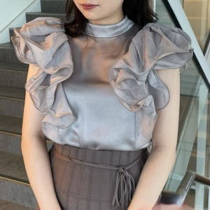 Japanese Elegant Chic Stand Collar Blouse Women Ruffles Edge Golssy Woman Shirts Office Ladies Early Autumn 2021 New Blusas