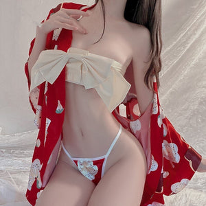Japanese Erotic Lingerie Female Sensual Breastless Print Kimono Bow Uniform Exotic Dancewear Sexy Cosplay Lingerie Set