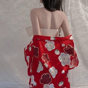 Japanese Erotic Lingerie Female Sensual Breastless Print Kimono Bow Uniform Exotic Dancewear Sexy Cosplay Lingerie Set