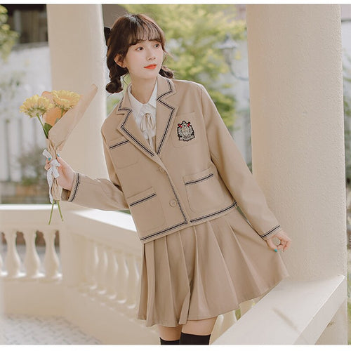 Japanese Girl JK Uniform Set Fall Women Long Sleeve Suit Collar Embroidered Coat Top+Shirt Stitching Pleated Dress Set Autumn