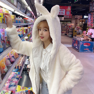 Japanese Jacket Women Harajuku Warm Hoodies Teddy Coat Faux Fur Coats Soft Girl Streetwear Korean Hooded Outwear BF Windbreaker
