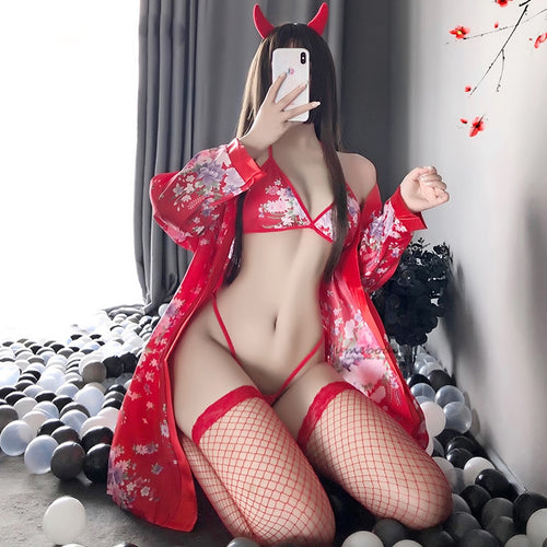 Japanese Kawaii Lingerie Cosplay Costume Sakura Girl Kimono Dress Yukata Bathrobe Women Floral Wedding Bridal Uniform Robes