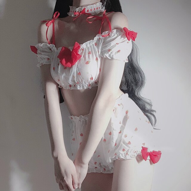 Japanese Kawaii Lolita Pajama Sets Cute Cosplay Maid Costume Sweet Strawberry Lingerie Pyjamas Women Tops Thong Leg Ring Collar