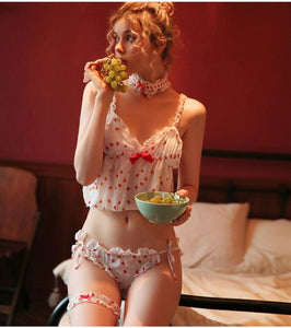 Japanese Kawaii Lolita Pajama Sets Cute Cosplay Maid Costume Sweet Strawberry Lingerie Pyjamas Women Tops Thong Leg Ring Collar