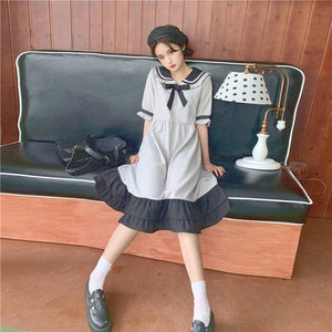 Japanese Kawaii Midi Dress Women Bow Lace-up A-line Sweet Cute Lolita Dresses Patchwork Ruffles College Style Summer Dress 2021