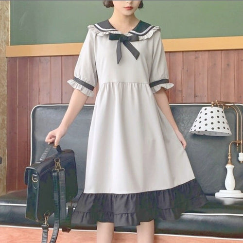 Japanese Kawaii Midi Dress Women Bow Lace-up A-line Sweet Cute Lolita Dresses Patchwork Ruffles College Style Summer Dress 2021