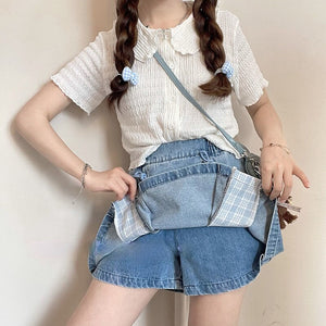 Japanese Kawaii Mini Denim Skirt Women Patchwork Korean Fashion Sweet Split Skirt Shorts Bandage Casual Plaid Skirt Summer 2021