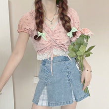 Load image into Gallery viewer, Japanese Kawaii Mini Denim Skirt Women Patchwork Korean Fashion Sweet Split Skirt Shorts Bandage Casual Plaid Skirt Summer 2021