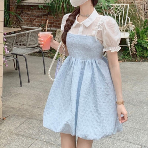 Japanese Kawaii Strap Dresses Women 2021 Blue Sweet Elegant Casual Party Mini Dress Korean Fashion Lolita Beach Clothing Summer
