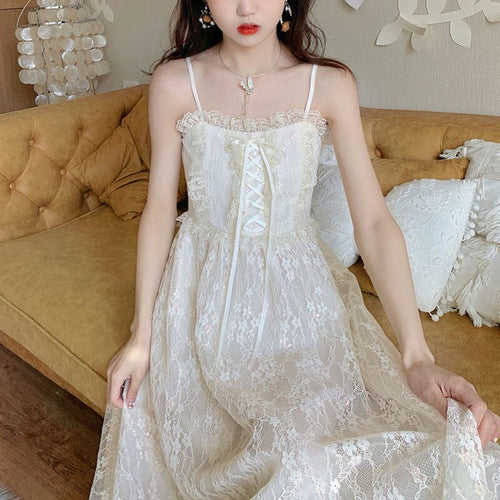 Japanese Kawaii Strap Fairy Dress Women Elegant Sweet Retro Lace Bandage Party Dress Female Gauze Pretty Chic Ball Gown 2021 New