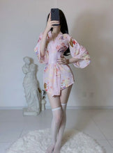 Load image into Gallery viewer, Japanese Kimono Bathrobe Cosplay Uniform Printed Sexy Lingerie Deep V Erotic Night Bath Robe Cardigan Role Play Net 3Pcs Set
