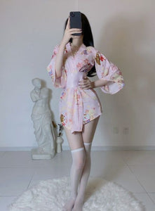 Japanese Kimono Bathrobe Cosplay Uniform Printed Sexy Lingerie Deep V Erotic Night Bath Robe Cardigan Role Play Net 3Pcs Set