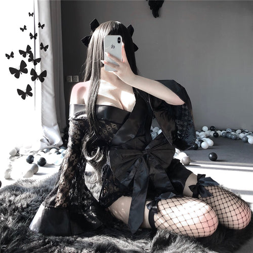 Japanese Kimono Sexy Bathrobe Harajuku Gothic Dark Black Sleepwear Lingerie Soft Girl Perspective Yukata Uniform Pajama Set