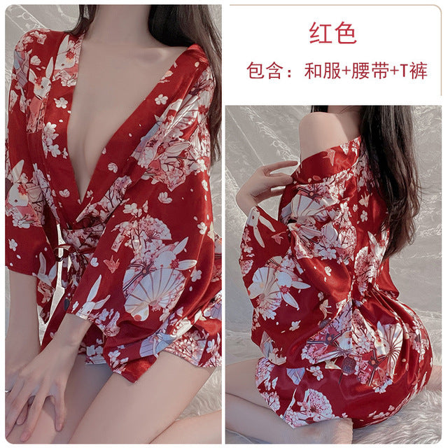 Japanese Kimono Skirt Pyjama Set Women Sexy Sleepwear Porno Thin Nightdress Thong Suit Seductive Erotica Cosplay Slutty Clothes