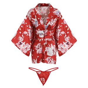 Japanese Kimono Skirt Pyjama Set Women Sexy Sleepwear Porno Thin Nightdress Thong Suit Seductive Erotica Cosplay Slutty Clothes