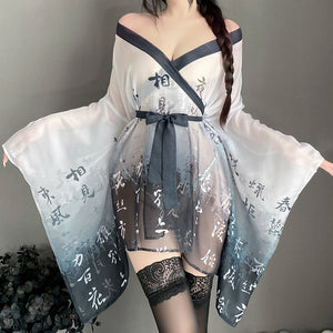 Japanese Kimono Women Sexy Lingerie See Through Mesh Nightgown Bathrobe Pajama Temptation Nightwear Robes cosplay sexy costume