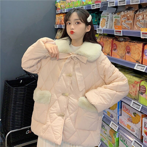 Japanese Korean Cute Lolita Jackets Women Winter Tea Party Horn Button Coat Female Kawaii Rabbit Fur Collar Lololita Coat Parkas