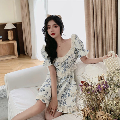 Japanese Korean Style Summer Dress Women Sexy Square Collar Kawaii Mini Dress Soft Girl Cute Sweet Puff Sleeve Lace Ruffle Dress