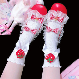 Japanese Lolita Calf Socks Lace Women Strawberry Sweet Strawberry Mid Tube Socks Pretty Princess Cosplay Girls Summer 2021 New