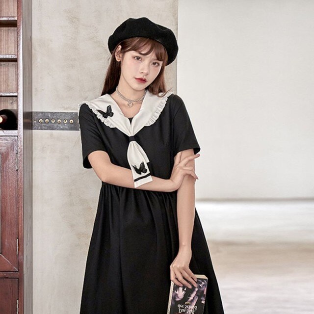 Japanese Lolita Women Dress Kawaii Sweet Ruffle Jk Midi Dress Soft Girl Vintage College Style Peter Pan Collar Summer Lady Dress