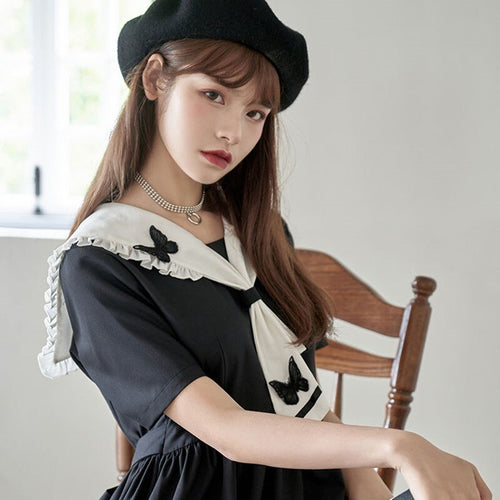 Japanese Lolita Women Dress Kawaii Sweet Ruffle Jk Midi Dress Soft Girl Vintage College Style Peter Pan Collar Summer Lady Dress