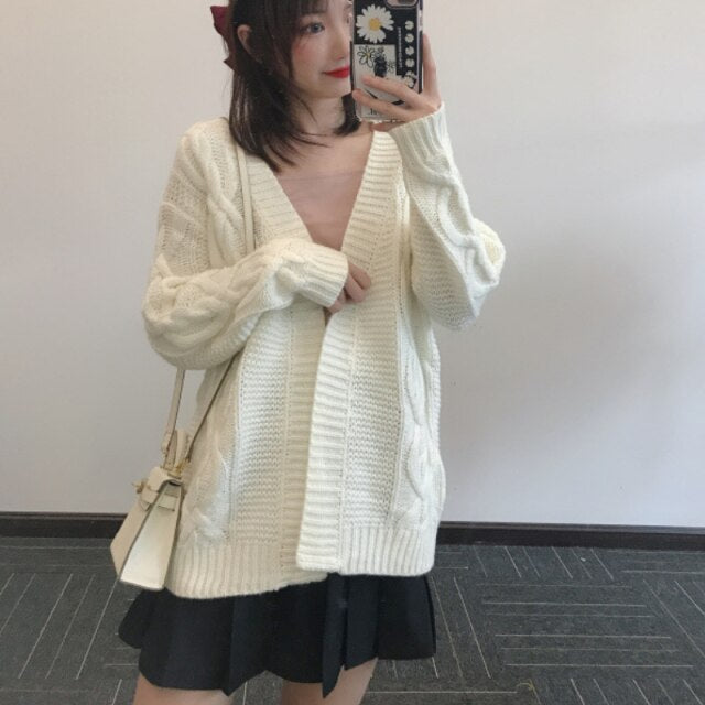 Japanese New Autumn Winter Knit Cardigans Women Solid Color Simple All Match Elegant Sweater Coat Lace-up Slim Waist Pull Femme