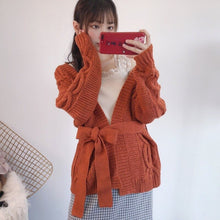 Load image into Gallery viewer, Japanese New Autumn Winter Knit Cardigans Women Solid Color Simple All Match Elegant Sweater Coat Lace-up Slim Waist Pull Femme