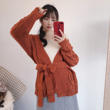 Load image into Gallery viewer, Japanese New Autumn Winter Knit Cardigans Women Solid Color Simple All Match Elegant Sweater Coat Lace-up Slim Waist Pull Femme