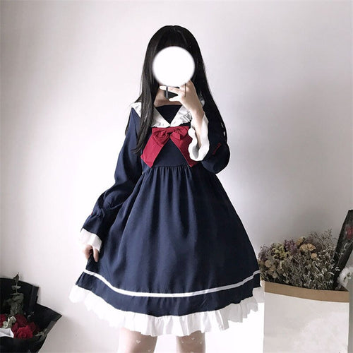 Japanese Preppy Style Dress for Woman Sweet Sailor Collar Lolita Dresses Spring Summer Sweet Bow Vestidos Teen Girls 2022 New