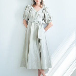 Japanese Sexy Elegant V Neck Woman Dress Design Back Lace-up Slim Waist A Line Vestidos 2022 Summer New Sundress Party Maxi Robe