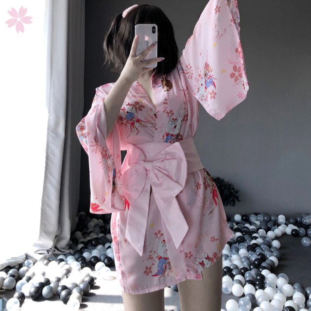 Japanese Sexy Sakura Kimono Uniform Kawaii Lingerie Robe Floral Bathrobe Short Robe Nightwear Fashion Dressing Gown for Women