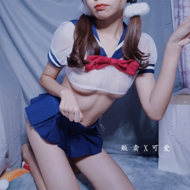 Japanese Strawberry Transparent Bra Panty Underwear Sleepwear Sexy Lolita Girl Lingerie Set Sailor Uniform School Girl Costume
