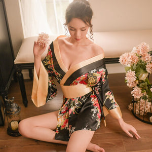 Japanese Styles Sexy Hot Satin Silk Sleepwear Ladies Sleep Wear Floral Print Sleeping Clothing Loose Housewear Night Dress