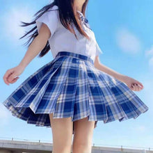 Load image into Gallery viewer, Japanese Summer Fashion JK Uniform Plaid Suit Kawaii Bow White Shirt Cute Pleated Mini High Waist Skirt Vacation Two-Piece Set