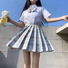 Load image into Gallery viewer, Japanese Summer Fashion JK Uniform Plaid Suit Kawaii Bow White Shirt Cute Pleated Mini High Waist Skirt Vacation Two-Piece Set