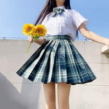 Load image into Gallery viewer, Japanese Summer Fashion JK Uniform Plaid Suit Kawaii Bow White Shirt Cute Pleated Mini High Waist Skirt Vacation Two-Piece Set