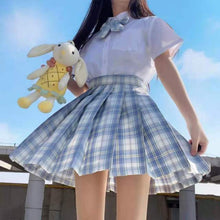 Load image into Gallery viewer, Japanese Summer Fashion JK Uniform Plaid Suit Kawaii Bow White Shirt Cute Pleated Mini High Waist Skirt Vacation Two-Piece Set