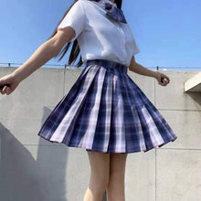Load image into Gallery viewer, Japanese Summer Fashion JK Uniform Plaid Suit Kawaii Bow White Shirt Cute Pleated Mini High Waist Skirt Vacation Two-Piece Set