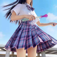 Load image into Gallery viewer, Japanese Summer Fashion JK Uniform Plaid Suit Kawaii Bow White Shirt Cute Pleated Mini High Waist Skirt Vacation Two-Piece Set
